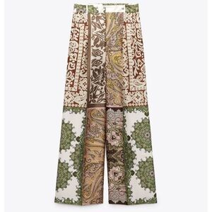 Zara Wide-Leg Patchwork Print Pants in Green, Brown, Cream
